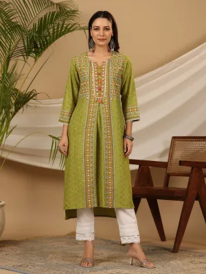 Juniper Green Tribal Printed Rayon Kurta With Lace