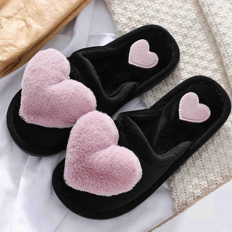 Non Slip Plush Heart Design Fluffy Slippers For Women